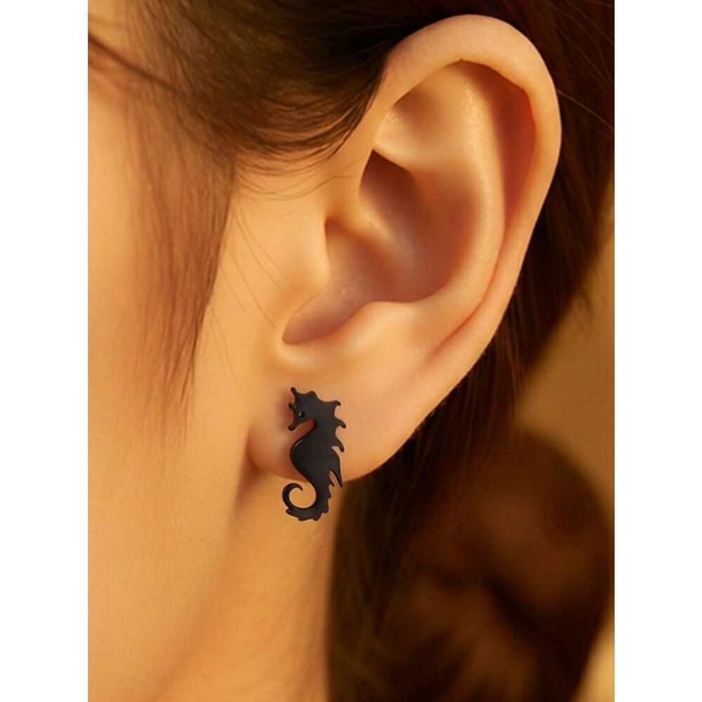 Black Seahorse Stud Earrings Stainless Steel Tiny Ocean Nautical Minimalist Cute